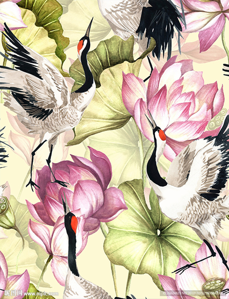 绘水彩花卉白鹤服装印花图案