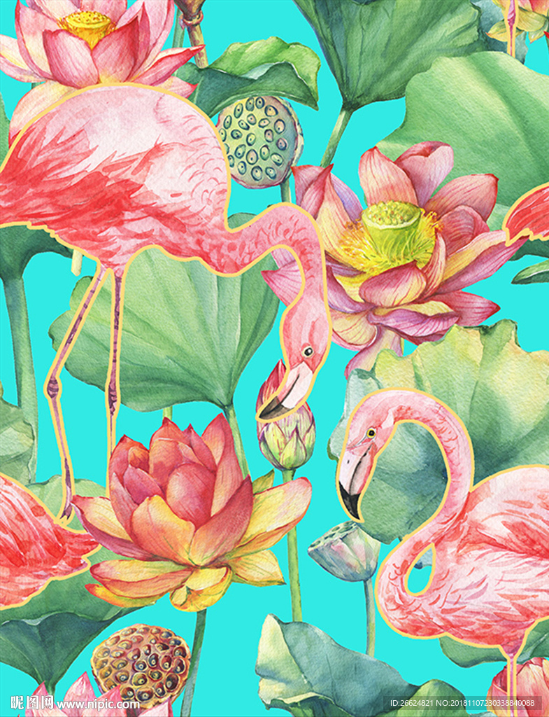 手绘水彩荷花火烈鸟印花图案素材