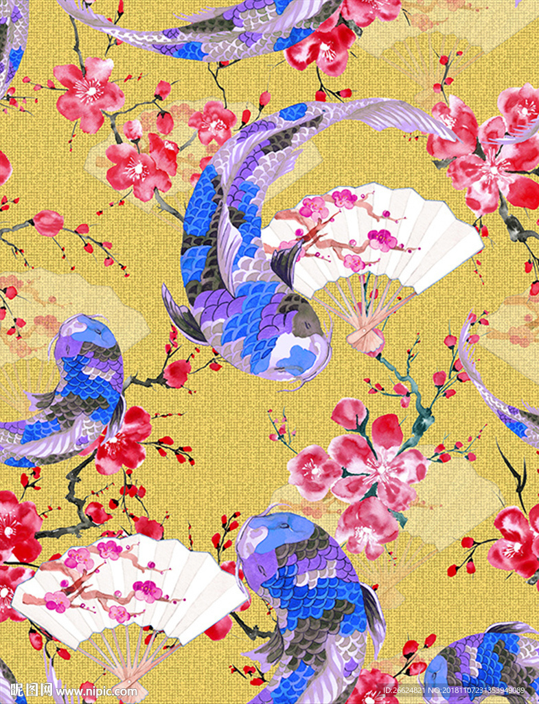 手绘水彩梅花鲤鱼扇子服装印花图