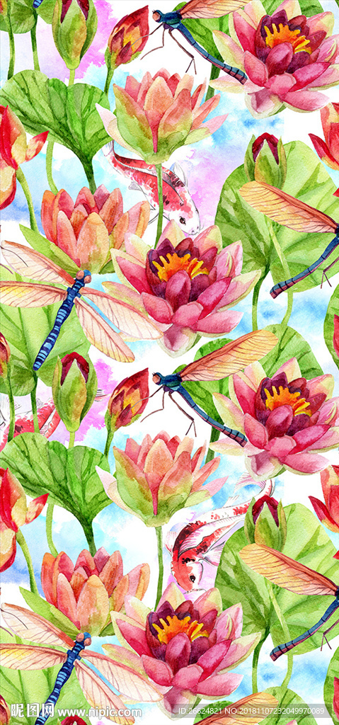 手绘水彩荷花鲤鱼蜻蜓服装图案