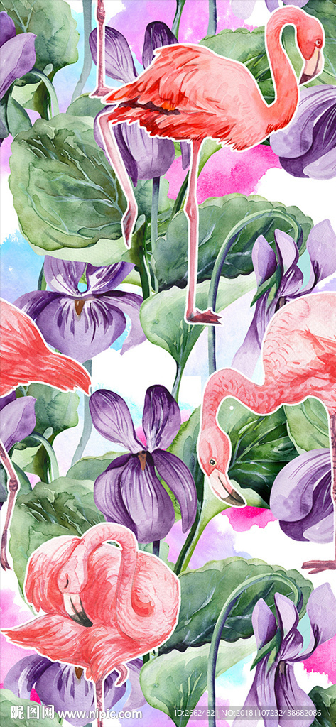 手绘水彩花卉火烈鸟服装印花图案