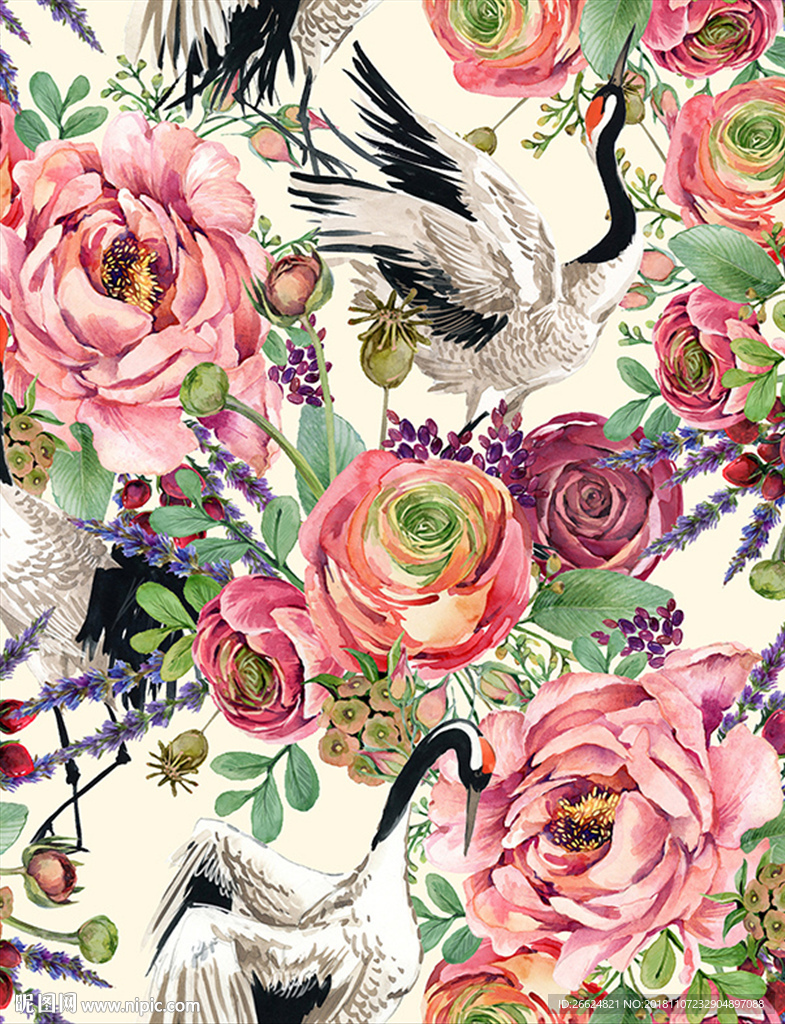 服装花卉印花图案白鹤图案素材