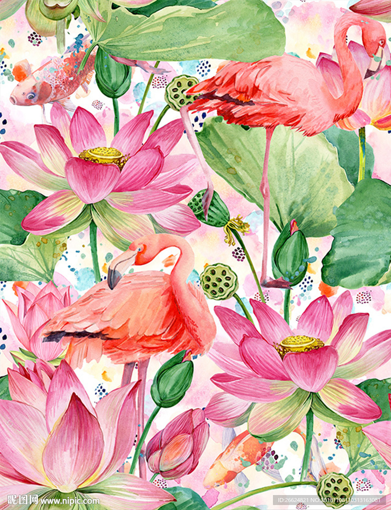手绘水彩荷花火烈鸟服装印花图案