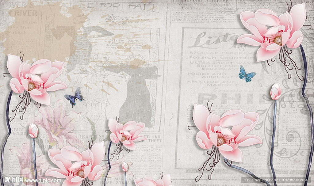 复古花卉报纸背景墙
