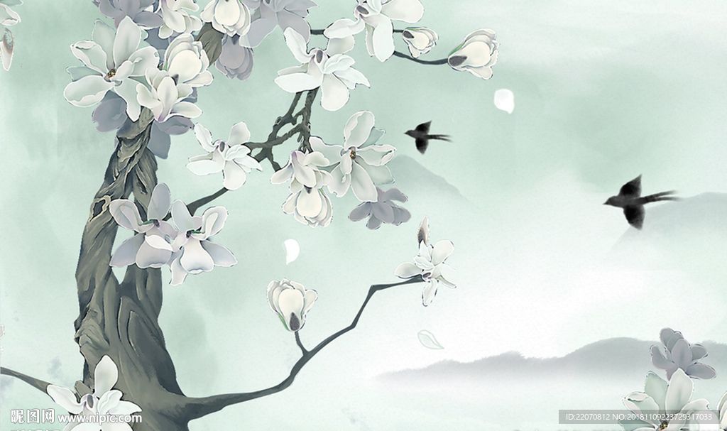 工笔手绘花鸟木兰花背景墙