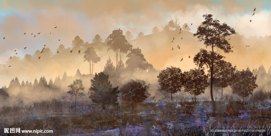 水墨 山水 水彩 山河 日出