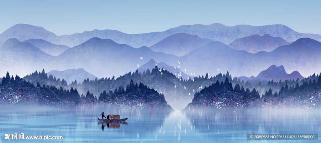 水墨 山水 水彩 山河 日出