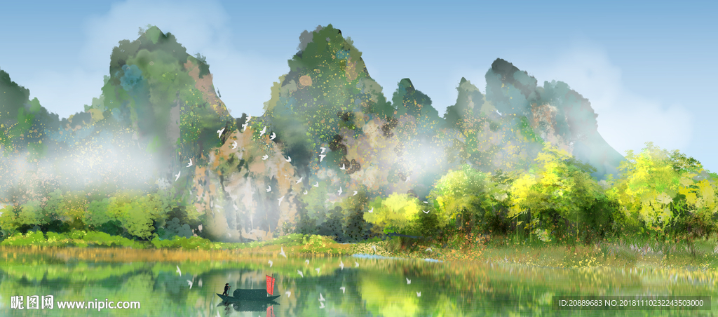 水墨 山水 水彩 山河 日出