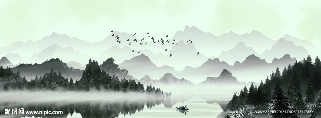 水墨 山水 水彩 山河 日出