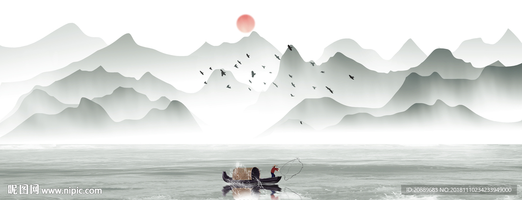 水墨 山水 水彩 山河 日出