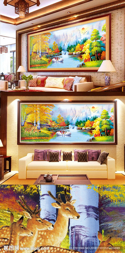 白桦林流水聚财油画装饰画