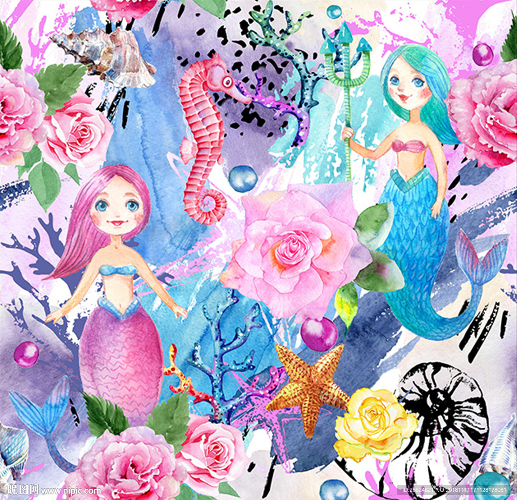 手绘海洋美人鱼海马海星图案素材