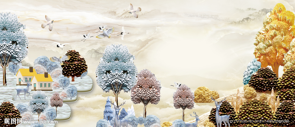 浮雕新中式现代简约北欧发财树