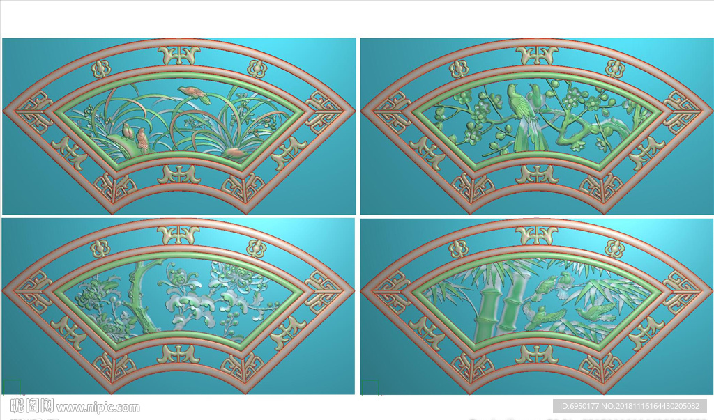 扇形镂空梅兰竹菊花鸟精雕浮雕