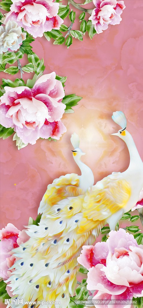 孔雀牡丹花玉雕立体玄关过道