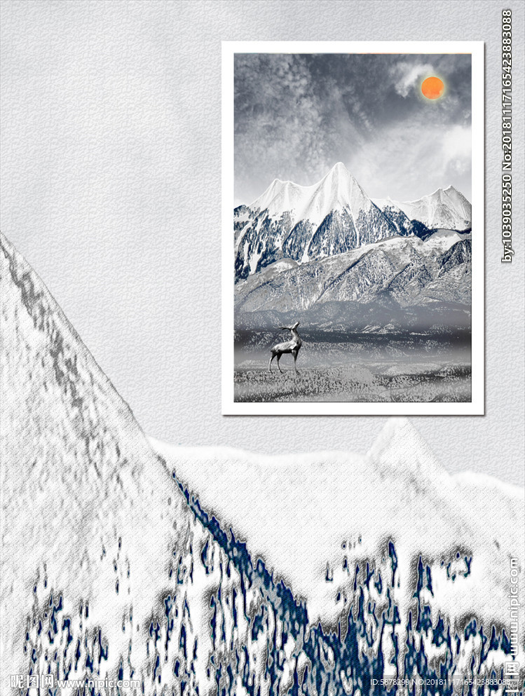 雪山山脉意境山水麋鹿装饰背景墙