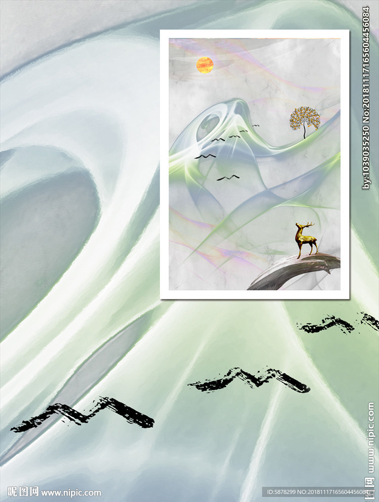 烟雾线条麋鹿飞鸟山水背景墙玄关