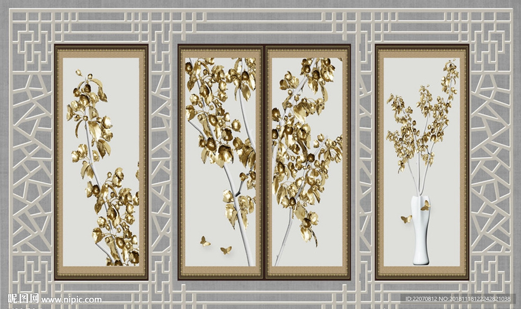 复古金叶子花瓶立体蝴蝶背景墙