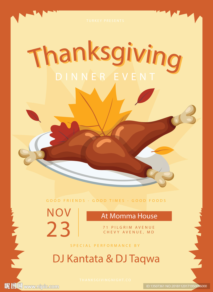 手绘感恩节火鸡腿插画模板设计