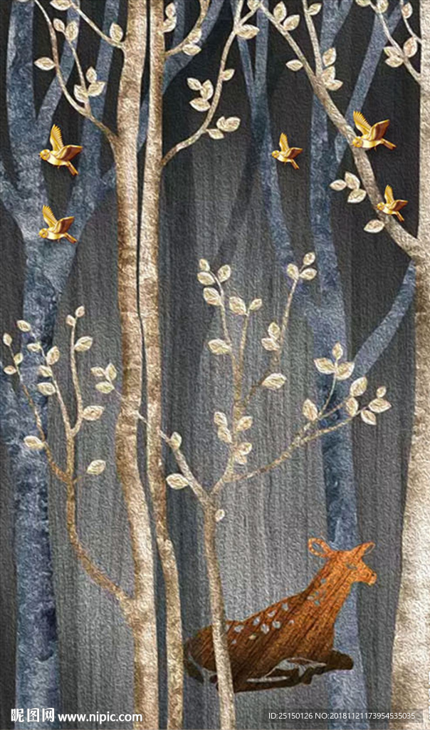 时尚树林梅花鹿金色鸟装饰画