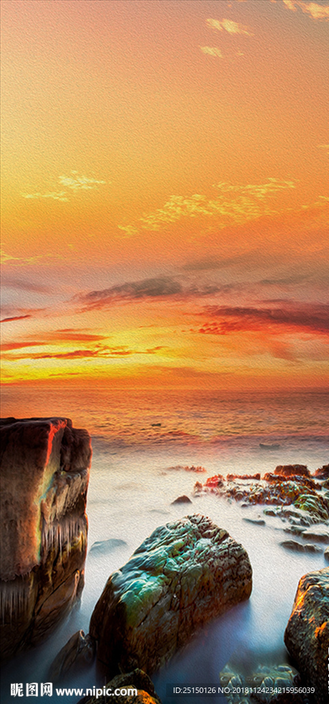 金色夕阳岛屿浪花油画风景装饰画