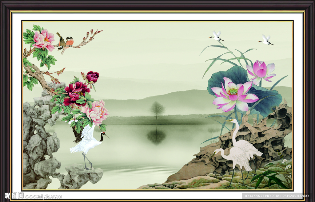 荷花图 荷花国画 仙鹤 荷花