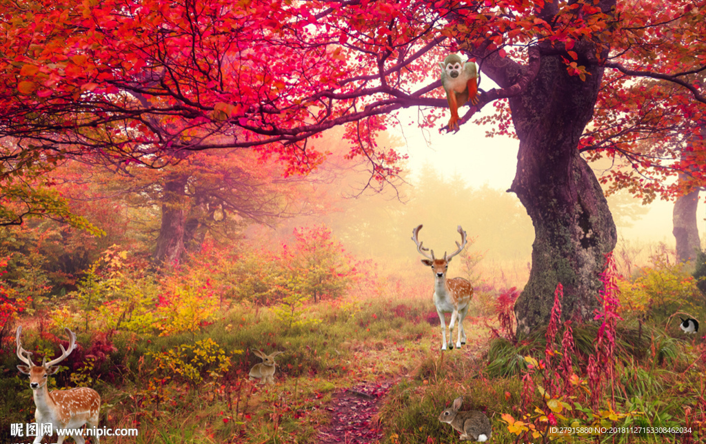 森林树林梅花鹿兔子背景墙