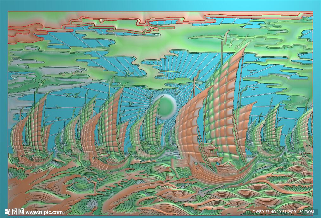 一帆风顺海浪云彩屏风精雕浮雕