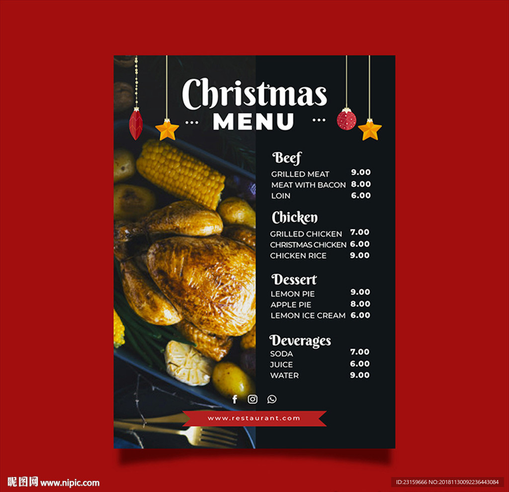 黑色的圣诞节快乐西餐厅菜单