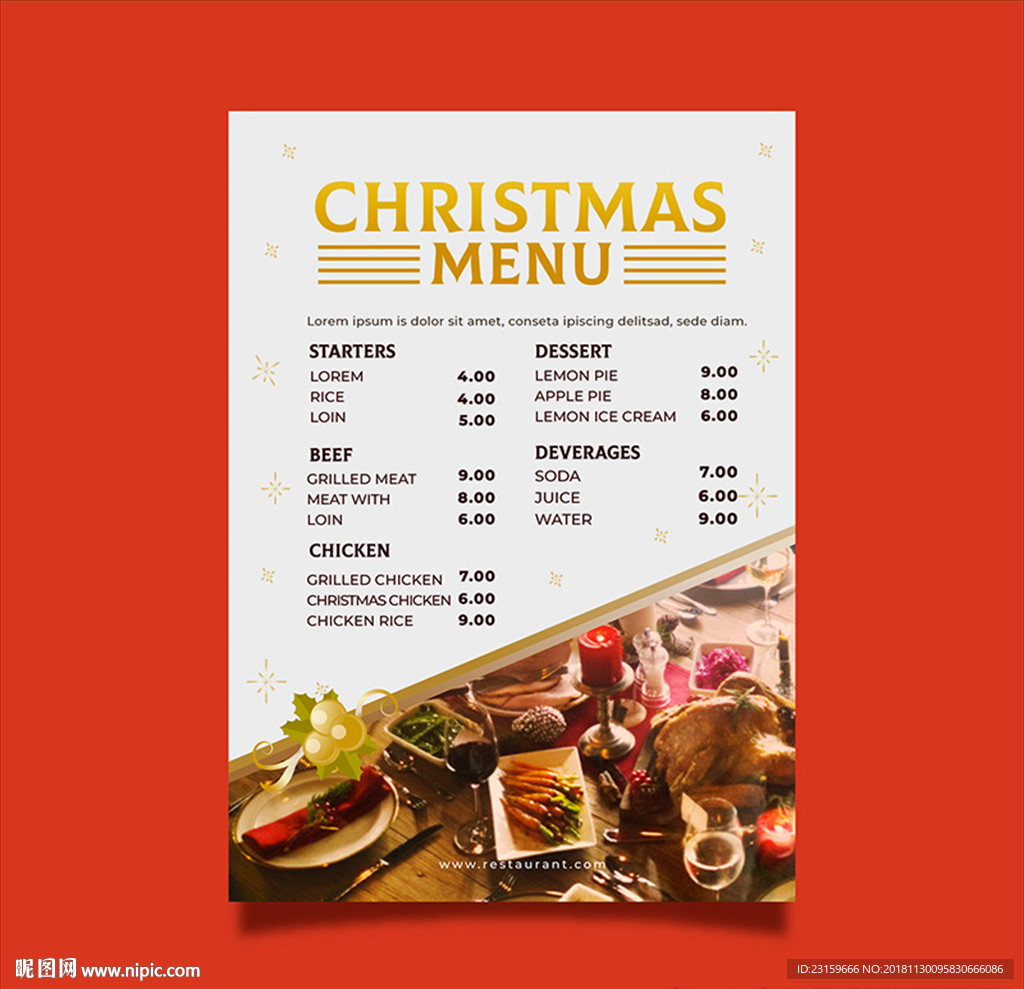 漂亮的圣诞节快乐西餐厅菜单