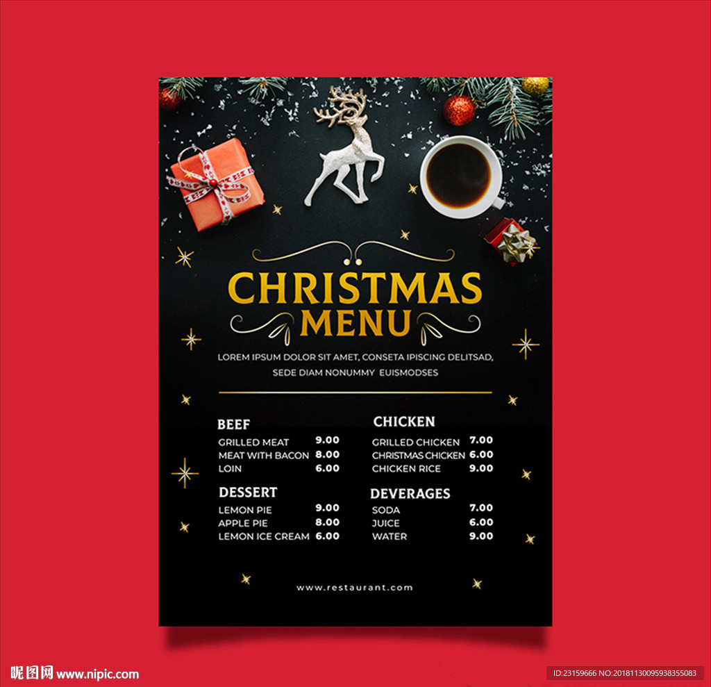 漂亮的圣诞节装饰西餐厅菜单