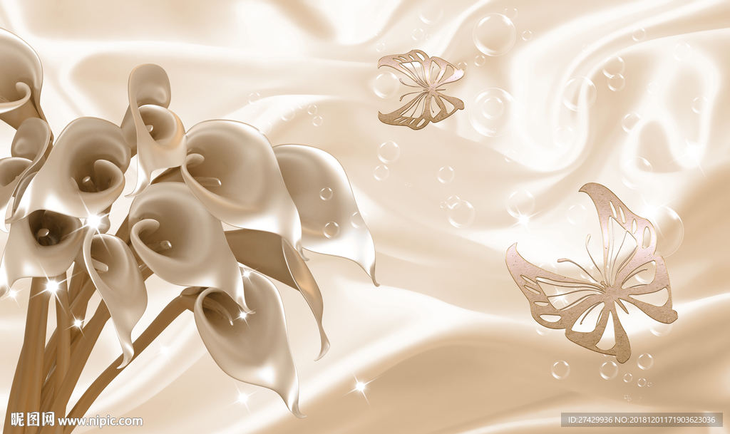 马蹄莲蝴蝶泡泡丝绸背景立体壁画