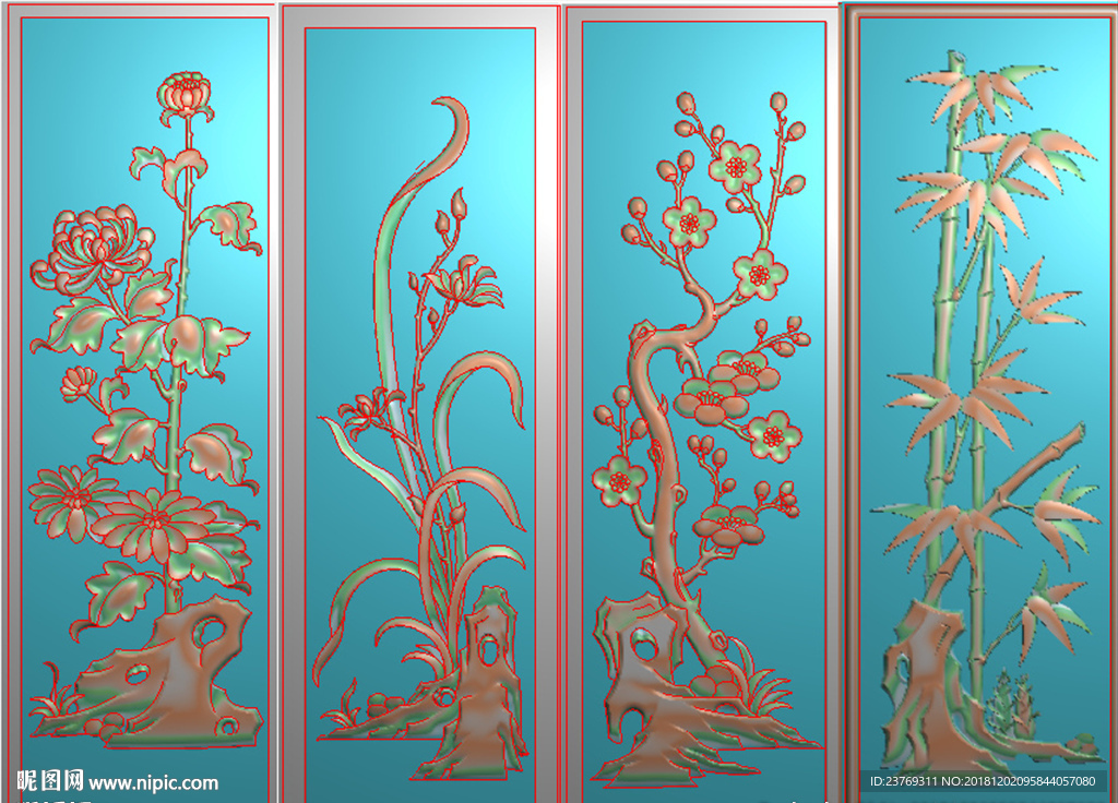 四季花鸟梅兰竹菊门板背板精雕图
