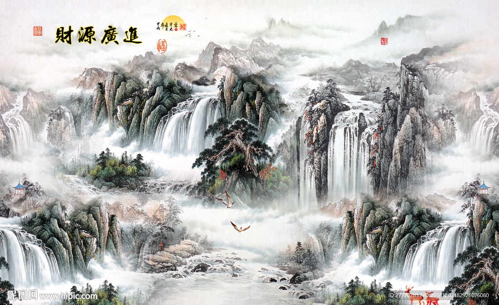 财源广进水墨画中式背景墙