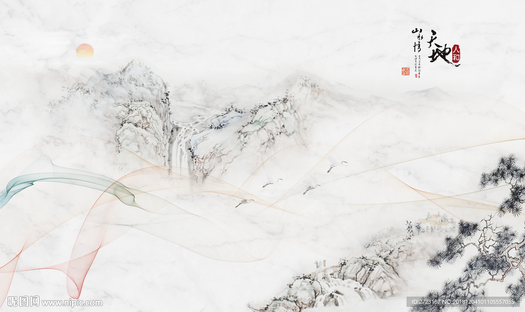 天地人和线条风景梦境壁画中国风