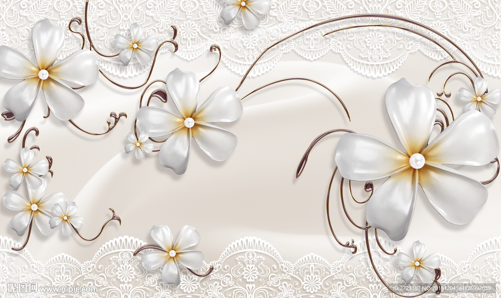 洁白花朵造型简约优雅壁画背景墙