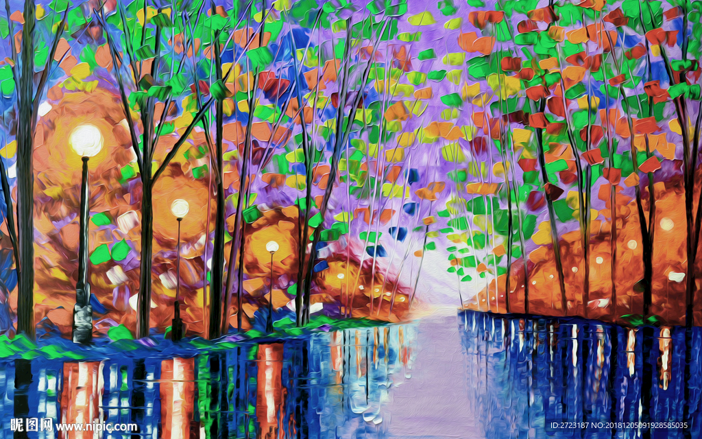 彩色树枝树叶璀璨意境壁画背景墙