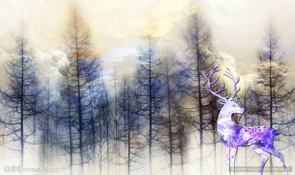 浪漫蓝紫色梦境森林轮廓壁画背景