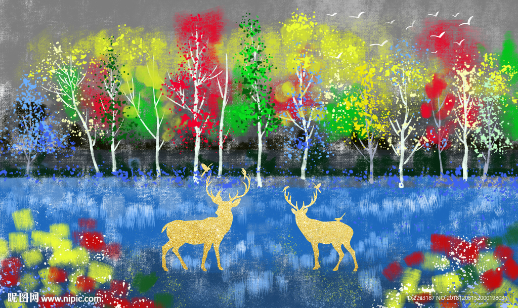 漫画油画水彩画草地壁画背景墙