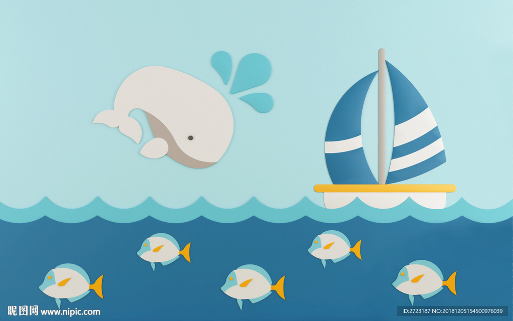 蓝色海洋世界插画床头背景墙壁画