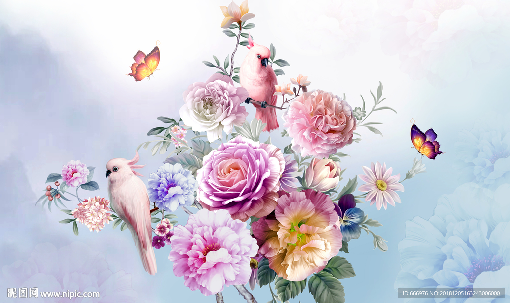 手绘复古玫瑰花鹦鹉电视背景墙