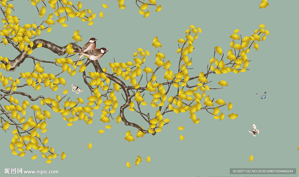 工笔花鸟银杏叶