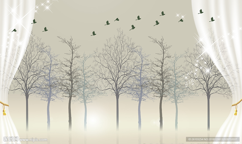 简约树林小鸟窗帘电视背景墙