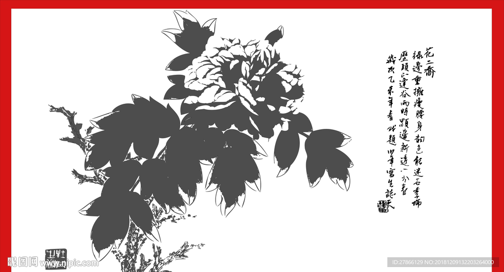 国画牡丹AI矢量图硅藻泥施工图