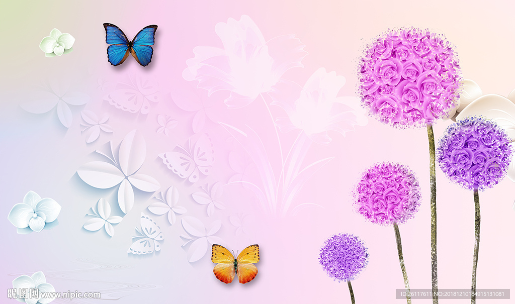 梦幻花卉蝴蝶电视背景墙