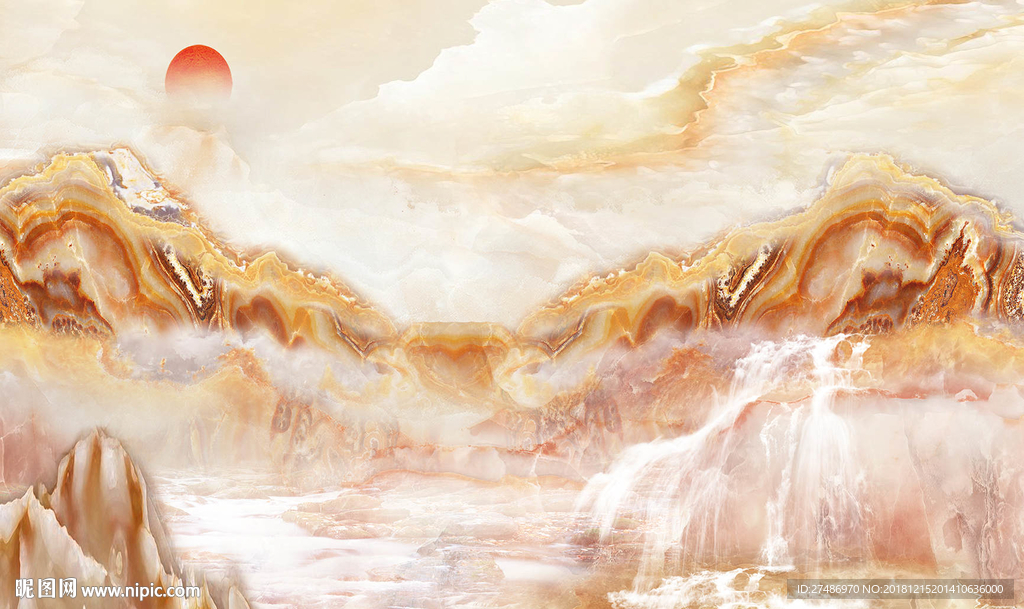 鸿运当头大理石纹山水电视背景墙