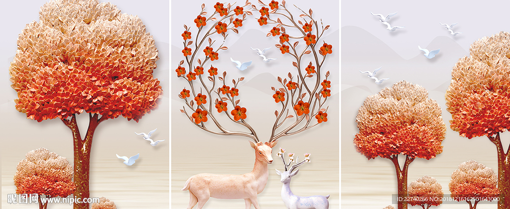 浮雕麋鹿红树发财鹿无框画三联画