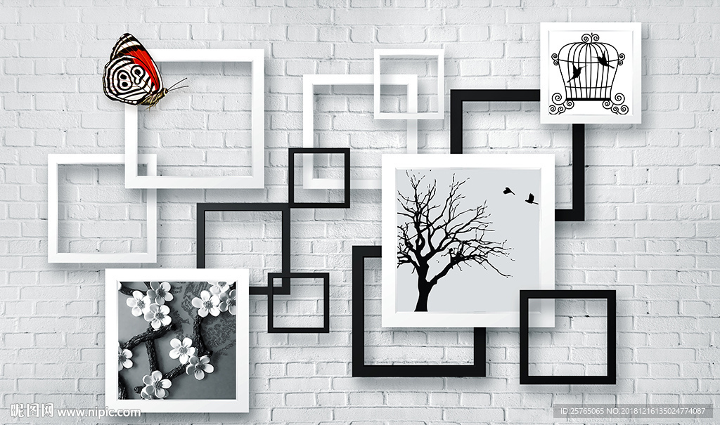 简约框框蝴蝶砖墙电视背景墙