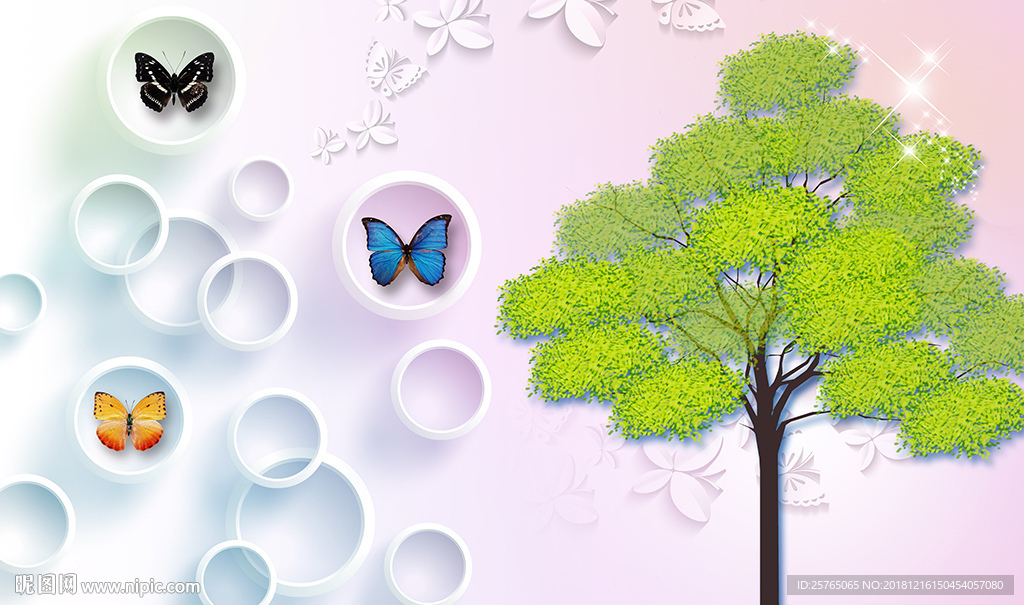 儿童大树简约框框蝴蝶电视背景墙