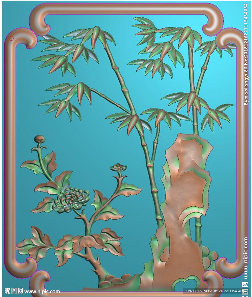 竹报平安四季花竹子菊花加框精雕